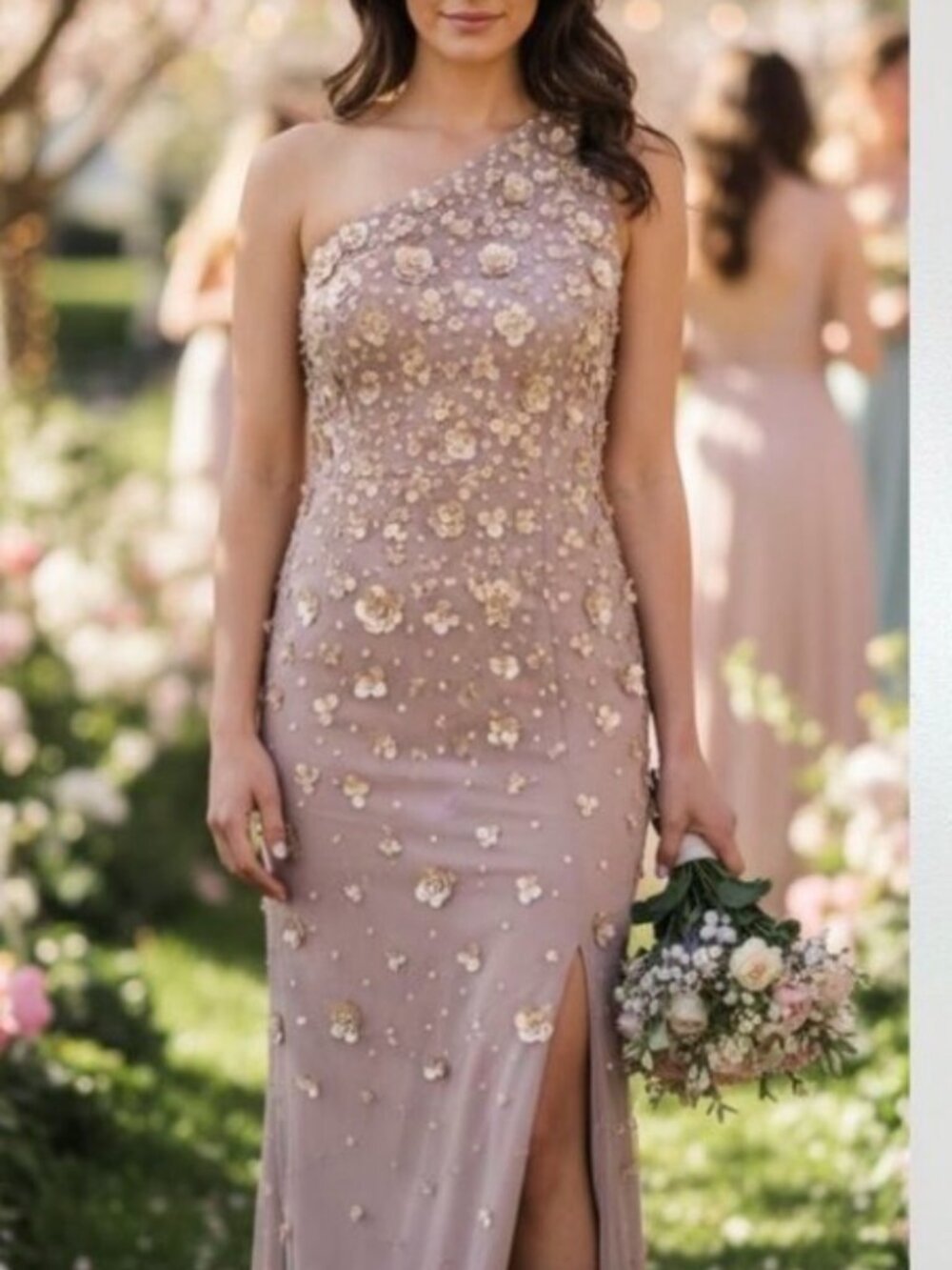 NWT Adrianna Papell Beaded One Shoulder Gown in Stone/Taupe. Size 10 - Picture 1 of 16